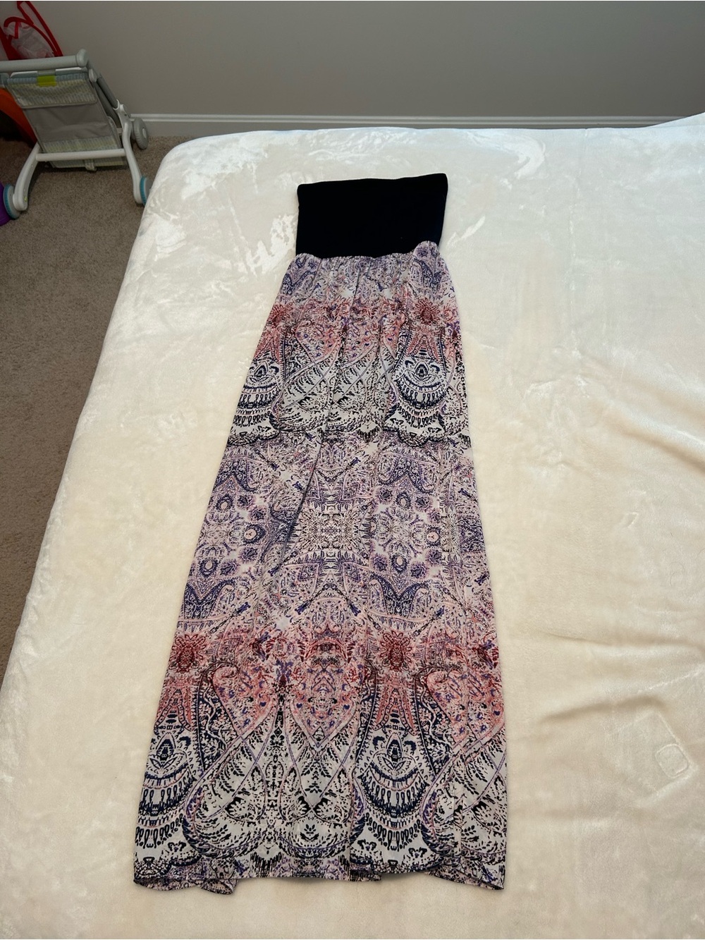 Black Waist Printed Maxi Skirt with Pink and Purple Pattern
